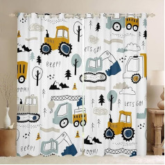 Loussiesd Cartoon Car Kids Aizkari guļamistabai Dzīvojamā istaba Construction Blackout Dreapes Equipment Truck Comter Cartoon Car Ekskavators Traktors White Yellow Logu apstrāde (2 paneļi, 132 x 228 cm)