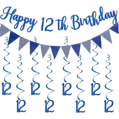 Elicola 12. Geburtstag Party Blau Dekorationen Mädchen Happy 12th Birthday Wimpelkette Banner mit hängenden Wirbeln Luftschlangen für Jungen 12 Jahre alt Geburtstag Jahrestag Party Decor Supplies