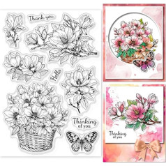GLOBLELAND Magnolia Flower Basket Clear Stamps for DIY Scrapbooking Butterfly Silicone Clear Stamps for Card Diary Decoration