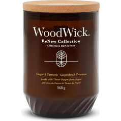 WoodWick ReNew aromātiskā svece ar plaukstošu daktu | Liela svece Cherry Ginger & Turmeric | Augu sojas kokosriekstu vaska maisījums | Izgatavota no pārstrādātiem materiāliem