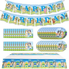 Bluey Dog Birthday Party Supplies, Puppy Dog Decorations Include Banner, galdauts, šķīvji un salvetes, Cartoon Puppy Birthday Party Supplies for Kids, Baby Shower,