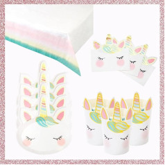 Runājoši galdi Premium Unicorn Party Supplies & Table Decorations | Diezgan jauks dizains, meiteņu dzimšanas diena, bērnu ballīte - iepakojumā ietilpst papīra salvetes, tasītes, šķīvju pārklāji astoņiem viesiem