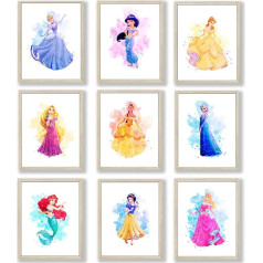 HerZii Prints Princess Wall Art dekorēšana Akvareļu apdrukas komplekts 8 x 10 collu princese guļamistaba dekori Princess sienas dekori meitenēm guļamistaba