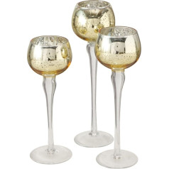 Baby Gold Long Stem sveču turētāji 3 apaļu kausu komplekts caurspīdīgi stāvvadi ar rokām apgleznots stikls 21,5 cm 7,5