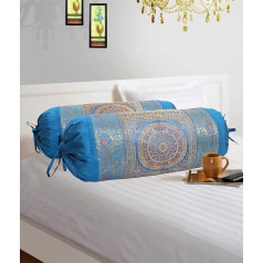 Stylo Culture Traditionelle Nackenkissen Polydupion Zylindrisches Rohr Kissenbezüge Blau Mandala Jacquard Brokat Border Große Couch Runde Zylinder Kissenbezüge (2-er Set) | 30x15 Zoll (76x38 cm)