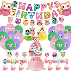 Pūces dzimšanas dienas svinību rotājumi, mīlīga pūce Pūces svinību piederumi ar Happy Birthday Banner, Honeycomb Toppers, baloni Cupcake Toppers, rozā pūce Meža puse Piegādes bērniem, bērnu diena