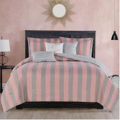 Juicy Couture Cabana Stripe Reversible Comforter Set - King Size - Pink and Grey Stripe Print - 6 detaļu komplekts - Komplektā ietilpst 1 segvieta 104 x 90 cm, 3 dekoratīvie spilveni, 2 spilvendrānas