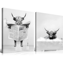 APOXYO 2 vannas istabas attēlu komplekts ar rāmi, Highland Cow Wall Art, melns balts audekls, vannas istabas dekori sienas bildes (30 x 40 cm)