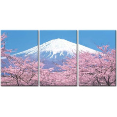 Leinwanddruck, Motiv Gipfel des Fuji mit Kirschblüten (Sakura) und Blick auf den See Kawaguchiko in Japan im Frühling, 3-teilig, modernes Gemälde im Giclée-Fotodruck, japanische Landschaftsbilder