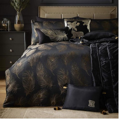 Laurence Llewelyn-Bowen Luxury Black and Gold Duvet Cover Set Super King (220x260cm) Peacock Leaf Pattern Soft Silky 96% Polyester 4% Metallic