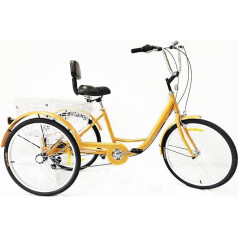 Awolsrgiop 24 Inch Tricycle for Adults, 6 Speed 3 Wheels Wheel Bicycle Senior Bike with Backrest & Basket, 24 Inch Bicycles Comfort Tricycle Aluminium Tricycle Cruiser for Seniors Outdoor, Gold