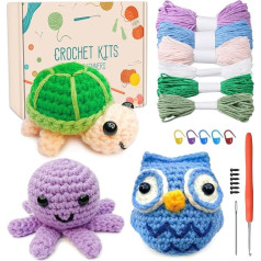 Souarts Complete Crochet Set for Beginners Animals, Crochet Knitting for Beginners Set with Crochet Hooks Yarn, Creative Knitting Set Craft Set for Adults Children Gift (Purple Green Blue)