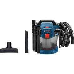 Bosch Professional 18V sistēmas akumulatora putekļsūcējs GAS 18V-10 L (bez akumulatora un lādētāja, ar plakanu plisētu filtru, grīdas uzgalis, spraugas uzgalis, 1,6 m šļūtene, tilpuma plūsma līdz 24 l/s (turbīna)).