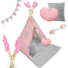 Nukido - Play Tent for Children - Teepee - Playhouse - with Wooden Frame, Bracket and Cotton Cover - Large Set - with Cushion, Soft Play Mat, Window Blind, Garland - Foldable - Pink, Grey