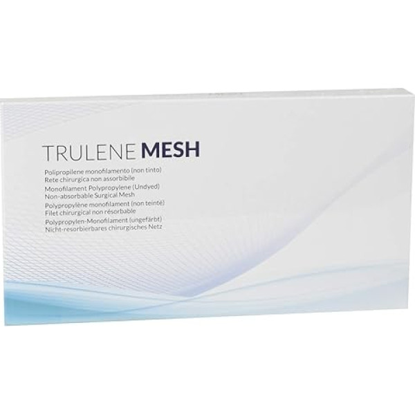 TRULENE MESH, sterils neabsorbējams ķirurģiskais tīkls, izgatavots no monopavediena polipropilēna, izmēri 3 x 6 collas, iepakojumā 6 gabali.