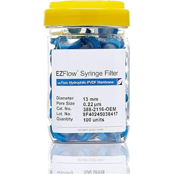 Ezflow nesterilas hidrofilas PVDF filtrs, 0,22um poru membrānas priekšfiltrēšanai un zondes sagatavošanai, 13 mm, 100/PK