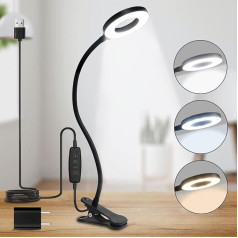 LQWELL® LED spailes lampa lasīšanas lampai ar USB savienojumu, 3 krāsu temperatūras, 10 spilgtuma līmeņi un nepārtraukta aptumšošana, 360° elastīga spailes galda lampa mājas birojam (kakla garums 40 cm)