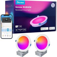 Govee Smart LED iebūvēts starmešu apgaismojums, RGBWW iebūvēts apgaismojums, 120 mm, dimmējams, ultra plakans griestu starmešu apgaismojums, saderīgs ar Wifi un Alexa 11 W, 850 LM, iebūvēts starmešu apgaismojums vannas istabai, virtuvei,