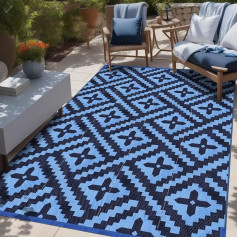 Momooda Outdoor Teppich Geometrie Plastikstroh, Anti-UV-Schutz, Umkehrbarer Terrassenteppich Waschbar, Wasserdichter Camping Garten Outdoor Teppich für Balkon, Wohnmobil, Schwarz Blau, 180x270cm