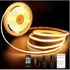 ROUKLE 8 mm COB LED lente 2700 K - 10 m Dimmable 24 V Super Bright COB LED Strip CRI90+ ar RF tālvadības pulti 3840 LED Silti balta 2700 K Viegli DIY dekorēšana