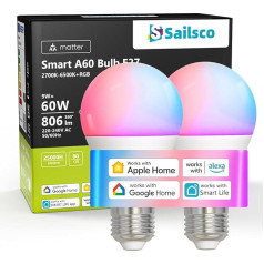 sailsco Matte Smart Bulbs A60 E27 LED viedās spuldzes, krāsu maiņas spuldze, ekvivalents 60W 806LM Alexa spuldzēm Alexa/Google Home/Homekit, 2,4GHz WiFi viedā spuldze, 2 gab. komplektā