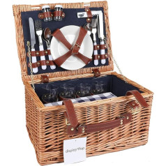 Display4top Deluxe 4 Person Traditional Wicker Picnic Basket Wicker Hamper - Premium Set with Plates, Wine Glasses, Cutlery and Napkins, blue