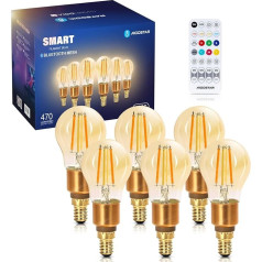 Aigostar Alexa Smart Light Bulb E14, Bluetooth Mesh G45, Alexa Lamp Vintage Edison LED 4,5 W 470 LM 2700 K - 6500 K Dimmable Light Bulb, saderīga ar Alexa 6 gabali (ar Bluetooth tālvadības pulti)