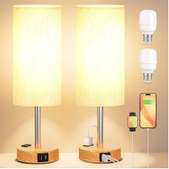 Kakanuo Nakts lampa Touch Dimmable 2 galda lampu komplekts ar USB-A+C uzlādes funkciju ligzdas LED spuldzes lina abažūrs Maza galda lampa naktsgaldam Dzīvojamā istaba Guļamistaba Birojs