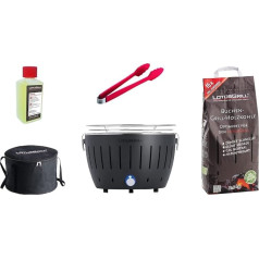 LotusGrill S Small Compact Starter Set Antracīta pelēks zema dūmainības pakāpes kokogļu grils ar 2,5 kg dižskābarža kokogļu, 200 ml degvielas pastas, 1 x knaibles (krāsa pēc pieejamības), 1 x soma USB barošanas bloks