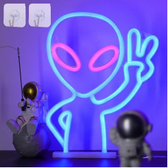 WIOSOUL Blaues Alien-Neonschild, Alien-LED-Neonschilder für Wanddekoration, Neonschilder, Alien-Neon-Lichtschild mit 2 Haken für Schlafzimmer, USB/3 x AA-betriebenes Leuchtschild, Bar, Party, Hip-Hop,