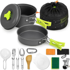 Rlrueyal 15-teiliges Camping-Kochgeschirr-Set, antihaftbeschichtet, leicht, tragbares Outdoor-Kochgeschirr für Camping, Rucksackreisen, Wandern, Kochen im Freien und Picknick