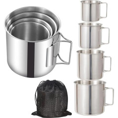 MOUFIER 4-teiliges Outdoor-Camping-Tassen-Set, 304 Edelstahl-Tassen-Set mit faltbaren Griffen für Camping, Wandern, Rucksackreisen, Picknick