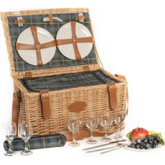 Les Jardins de la Comtesse - Trianon Green Wicker Picnic Basket - Leather Strap - Complete for 6 People - Cooling Compartment - Ceramic Plates and Wine Glasses - Green Fabric - 52 x 36 x 27 cm