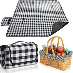 Picnic Basket Natural Fabric Wood Chip Basket with Double Folding Handles with Gingham Fabric, Picnic Blanket, Hand Picnic Mat for Easter Camping on Grass (Black and White Plaid)