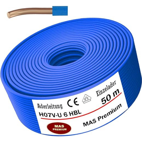 MAS-Premium von 5 bis 100m Aderleitung Eindrähtig H07 V-U 6 mm² Hellblau Einzelader starr (50m)