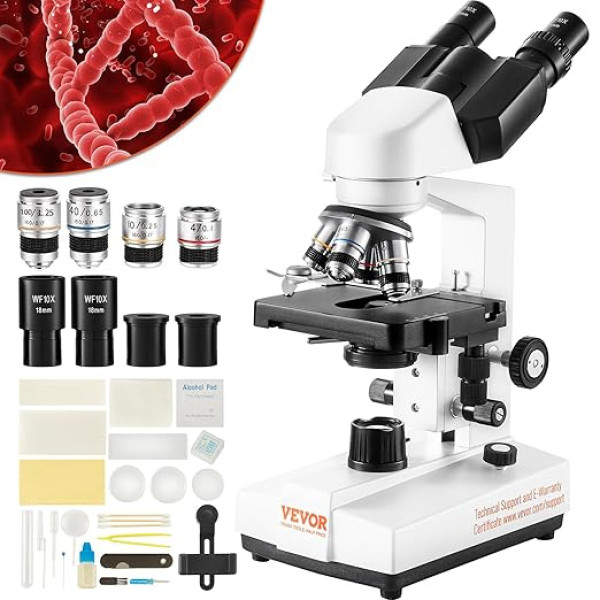 VEVOR binokulārais mikroskops 10X, 25X, saliktais mikroskops, lēcas 4X, 10X, 40X, 100X, laboratorijas atstarotās gaismas binokulārais mikroskops Palielinājums 40-2500, 100-240V, laboratorijas mikroskopu kompozīts