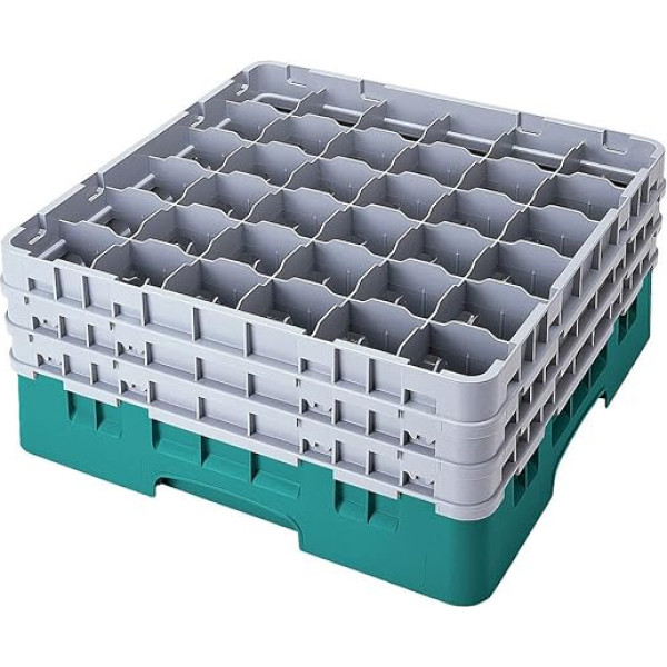 Cambro 36S958 Camracks polipropilēna statīvs 7,3 cm diametra rokturiem un trauciņiem, tirkīzs, 1/1 izmērs, 36 nodalījumi, 25,7 cm augstums, 2 gab. iepakojumā