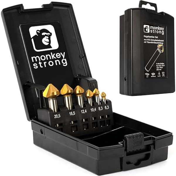 monkeystrong Countersink komplekts 90° Diametrs 6,3 - 20,5 mm Izgatavots no HSS tērauda - patiešām ass - Countersink un attīrīšanas komplekts kokam, metālam un plastmasai praktiskā glabāšanas kastē