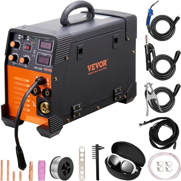 VEVOR MIG/MMA/TIG 3 in 1 suvirinimo aparatas 50-250A Suvirinimo viela (0,6 mm ir 0,8 mm ir 1 mm) IGBT technologija 2,2-12 m/min Vielos greitis 5,6 kVA nominali įėjimo galia IP21S apsaugos klasė