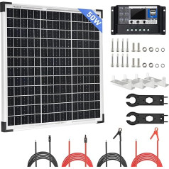 50 W monokristālu saules paneļu komplekts, 12 V saules paneļu komplekts + 30 A saules enerģijas lādēšanas kontrolieris + saules kabelis + Z montāžas kronšteini + saules atslēga autofurgoniem, treileriem, mājsaimniecībām un ārpus elektrotīk