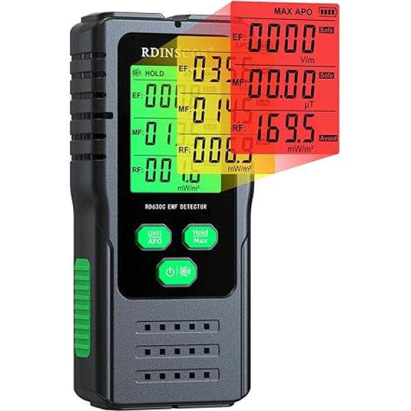 EMF mērītājs Radiācijas detektors Digitālais elektromagnētisko lauku rokas EF/MF/RF elektromagnētiskās radiācijas mērītājs ar LCD displeju EMF pārbaudes (RD630C)