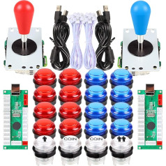 Fosiya 2 spēlētāju arkādes džoistikas pogu komplekts Ellipse Oval Style 8 Way Bat Joystick + 20 x LED arkādes pogas 2 spēlētājiem Video spēļu kontrolieris Visiem Windows PC MAME Raspberry Pi 3 4 Sarkans un zils