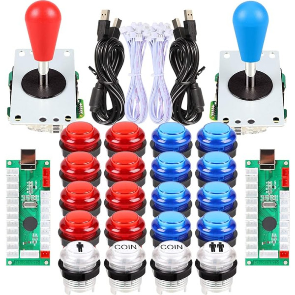 Fosiya 2 spēlētāju arkādes džoistikas pogu komplekts Ellipse Oval Style 8 Way Bat Joystick + 20 x LED arkādes pogas 2 spēlētājiem Video spēļu kontrolieris Visiem Windows PC MAME Raspberry Pi 3 4 Sarkans un zils