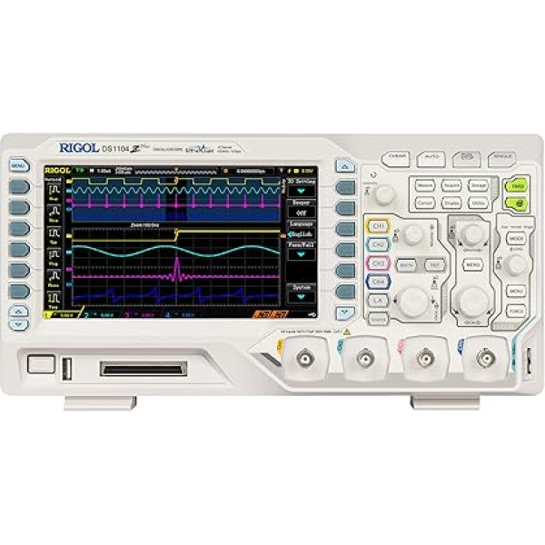 RIGOL DS1104Z Plus digitālais osciloskops, 100 MHz joslas platums, 4 analogie kanāli, 16 digitālie kanāli, 24Mpts atmiņas dziļums, 1G Sa/s paraugu ņemšanas ātrums, bezmaksas trigeru un dekodēšanas funkcijas