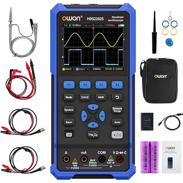 OWON HDS2102S 3-in-1 rokas osciloskops, 100 MHz joslas platums USB C tipa ar 3,5 collu LCD displeju, 20 000 skaitītāju digitālais multimetrs, 2 kanālu digitālais osciloskops un 1 kanāla viļņu formas ģenerators