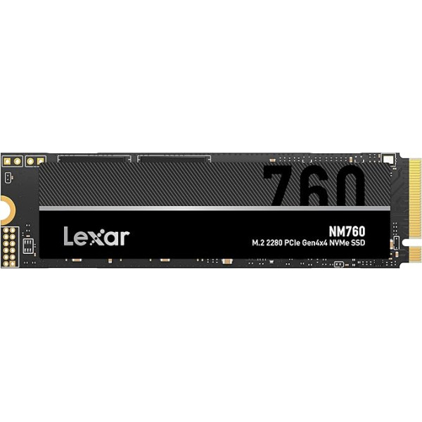 Lexar NM760 1TB SSD, M.2 2280 PCIe Gen4x4 NVMe 1.4 iekšējais, līdz 5300 MB/s nolasīšanai, 4500 ierakstīšanai, iekšējais cietvielu disks PS5, datoriem, portatīvajiem datoriem, spēlētājiem, profesionāļiem (LNM760X001T-RNNNG), melns