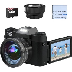 CCN digitālā kamera 4K 48MP foto kamera ar 180° flip 3,0 collu ekrānu, 16x digitālā tālummaiņa, kompaktā kamera, 64 GB TF karte, ar makro objektīvu un platleņķa objektīvu, WiFi funkcija, atjauninātā versija, melna