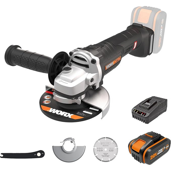 WORX Nitro 18 V (20 V Max) akumulatora leņķa slīpmašīna WX812.1, PowerShare, diametrs 125 mm, 8500 apgr./min, aizsardzība pret atsitieniem, papildu rokturis, bezsuku motors, komplektā ietilpst akumulators un lādētājs, slīpēšanas diski