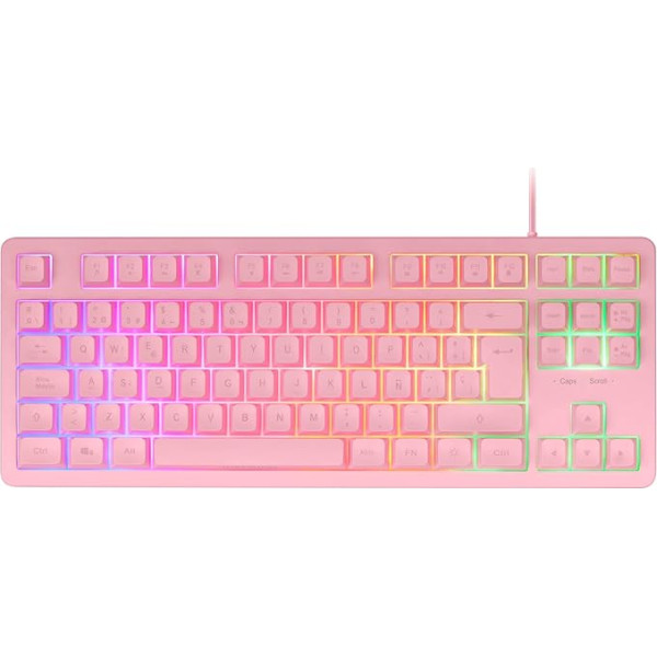 Mars Gaming MK023, spēļu TKL tastatūra, hibrīda H-Mech tehnoloģija, FRGB Rainbow Lighting, Anti-Ghosting, universāla saderība, rozā, spāņu valoda