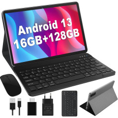 JUSYEA planšetdators 10 collu Android 13 Octa-Core MT8183 16GB RAM + 128GB ROM (1TB TF), WLAN 5G + 2.4G, GPS, Bluetooth 5.0, Cast, 13MP + 5MP, 8000mAh akumulators, ar tastatūru un peli, metāla korpuss, pelēks